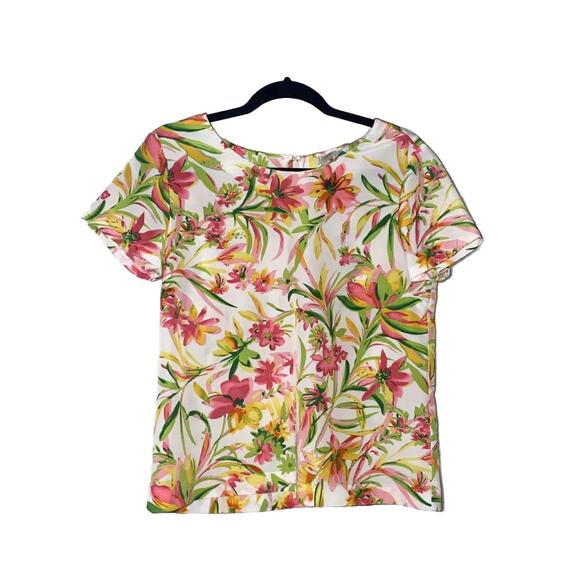 J Crew Womens Blouse Tropical Print Round Neck Cap Sleeve Size Small - Picture 1 of 11
